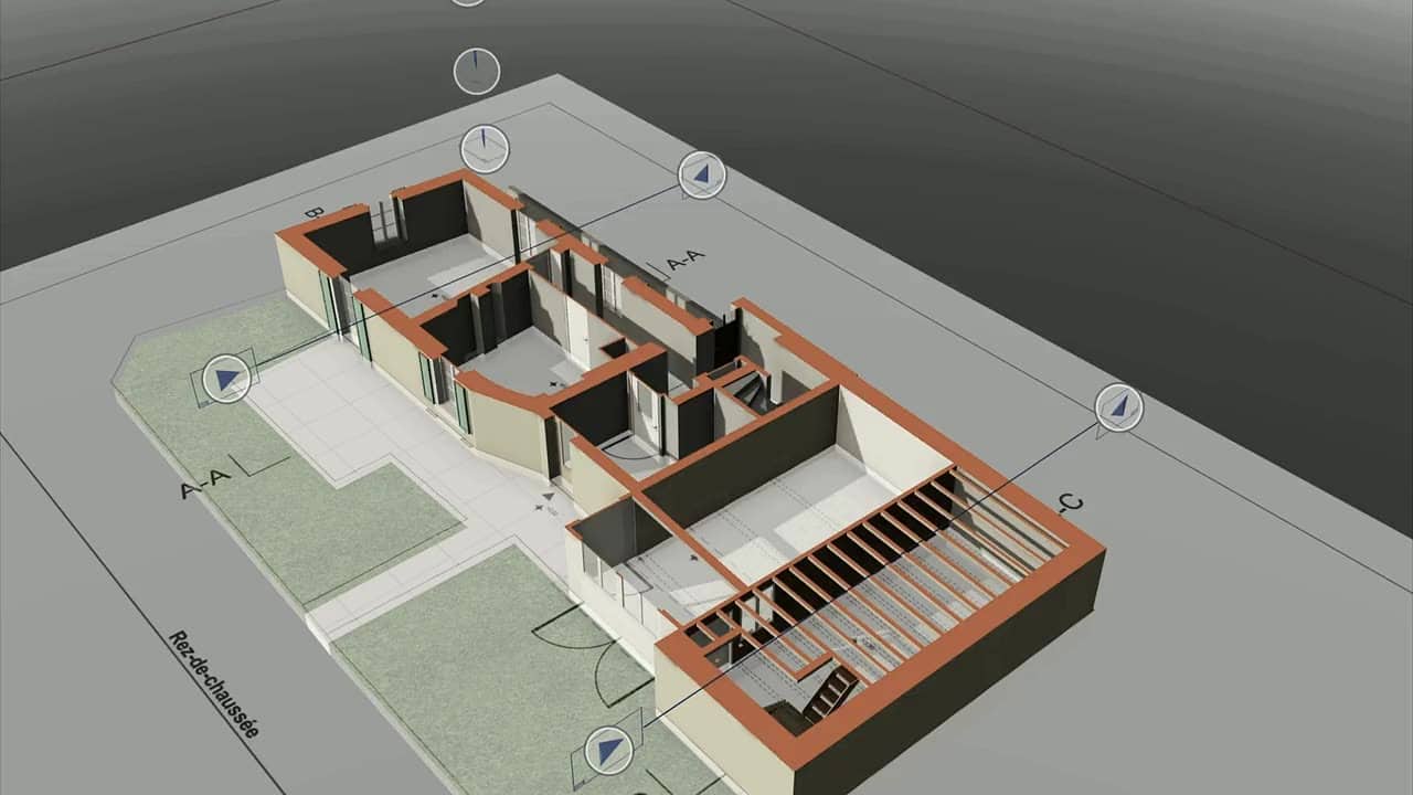 BIM model of a ground floor in axonometric view, with section markers and partition layout taken from the survey